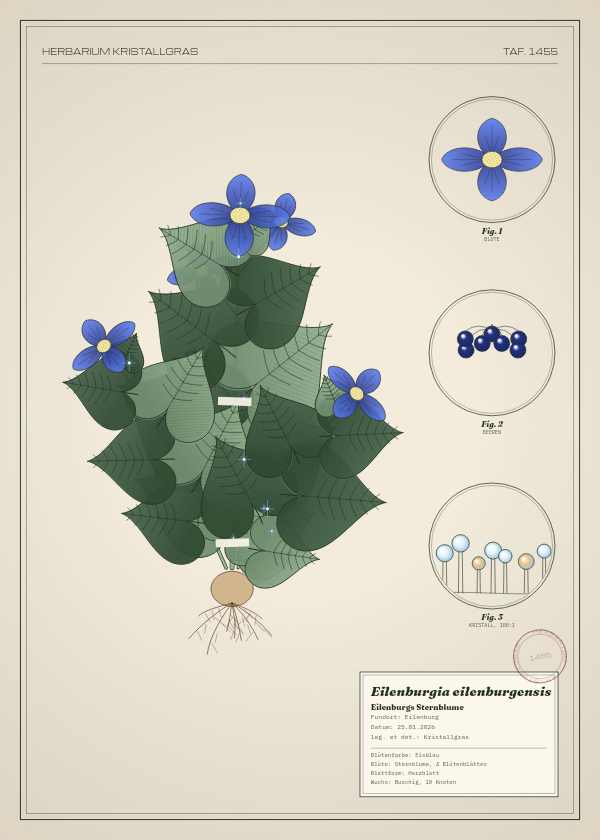 Botanische Tafel: Eilenburgia eilenburgensis, eine erfundene Pflanze aus Eilenburg, gezeichnet wie in einem alten Pflanzenatlas