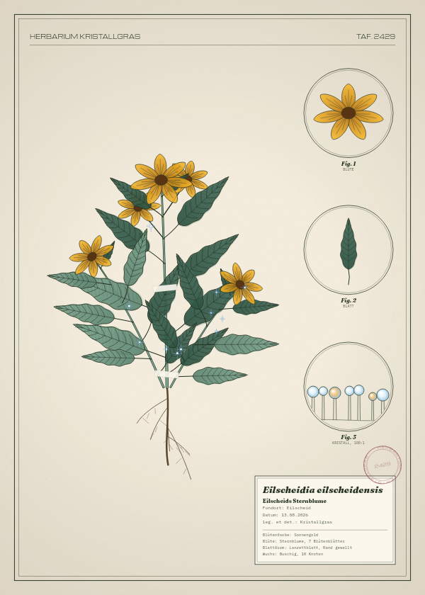 Botanische Tafel: Eilscheidia eilscheidensis, eine erfundene Pflanze aus Eilscheid, gezeichnet wie in einem alten Pflanzenatlas