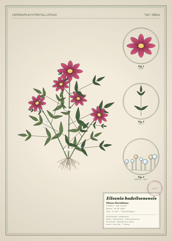 Botanische Tafel: Eilsenia badeilsenensis, eine erfundene Pflanze aus Bad Eilsen, gezeichnet wie in einem alten Pflanzenatlas