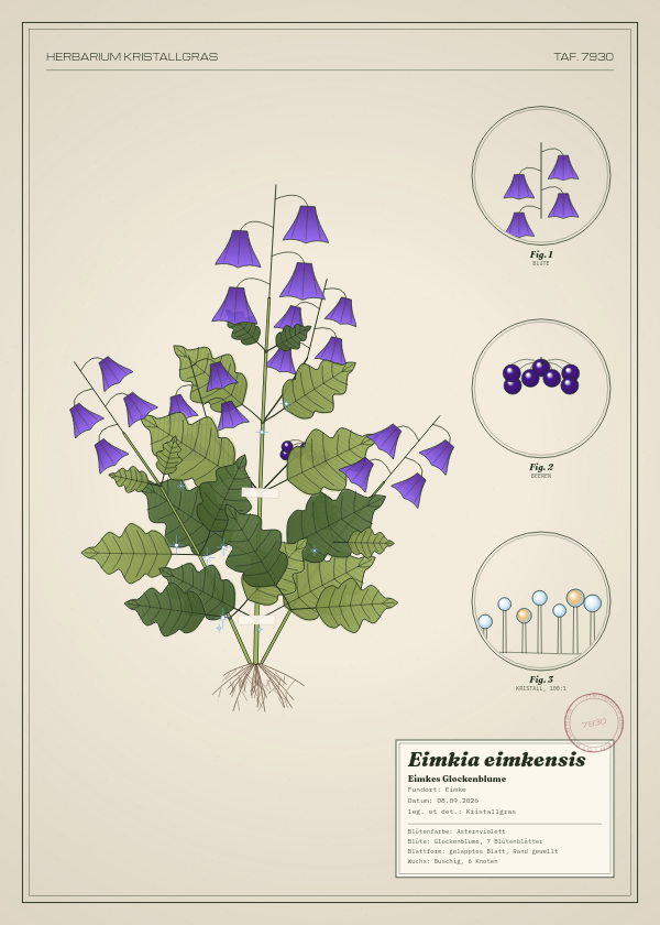 Botanische Tafel: Eimkia eimkensis, eine erfundene Pflanze aus Eimke, gezeichnet wie in einem alten Pflanzenatlas