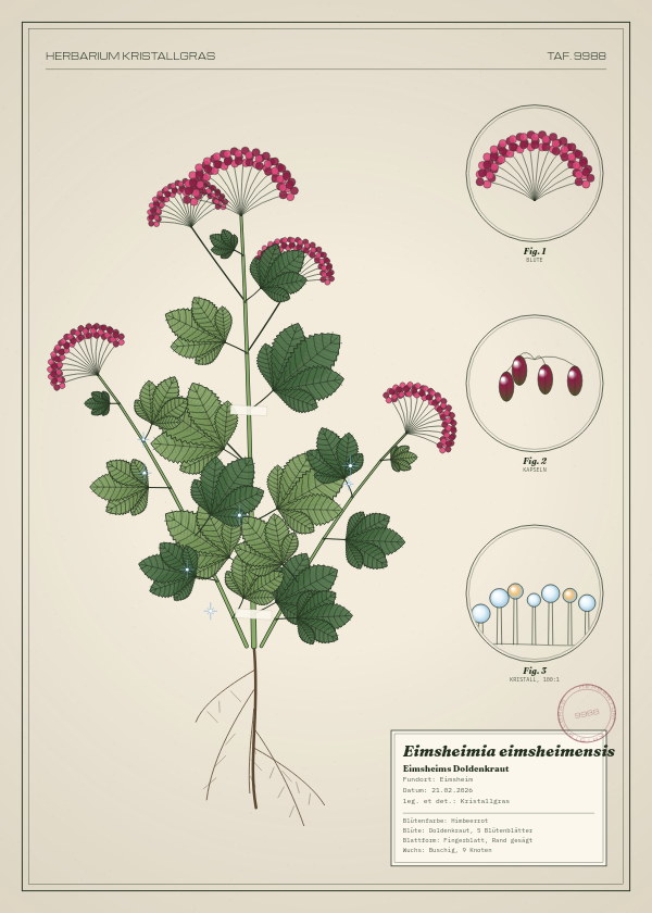 Botanische Tafel: Eimsheimia eimsheimensis, eine erfundene Pflanze aus Eimsheim, gezeichnet wie in einem alten Pflanzenatlas