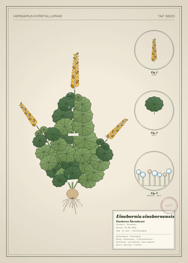 Botanische Tafel: Einebornia einebornensis, eine erfundene Pflanze aus Eineborn, gezeichnet wie in einem alten Pflanzenatlas