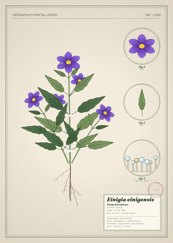 Botanische Tafel: Einigia einigensis, eine erfundene Pflanze aus Einig, gezeichnet wie in einem alten Pflanzenatlas