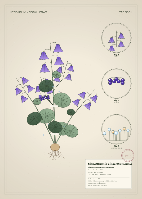 Botanische Tafel: Einselthumia einselthumensis, eine erfundene Pflanze aus Einselthum, gezeichnet wie in einem alten Pflanzenatlas