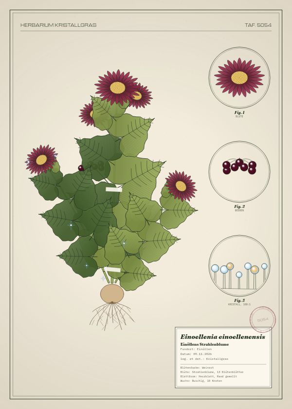 Botanische Tafel: Einoellenia einoellenensis, eine erfundene Pflanze aus Einöllen, gezeichnet wie in einem alten Pflanzenatlas