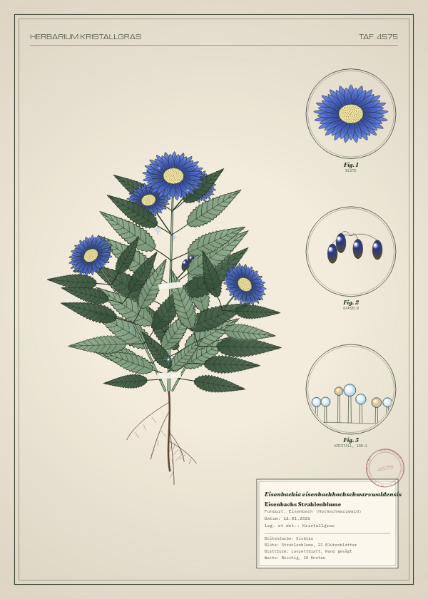 Botanische Tafel: Eisenbachia eisenbachhochschwarzwaldensis, eine erfundene Pflanze aus Eisenbach (Hochschwarzwald), gezeichnet wie in einem alten Pflanzenatlas
