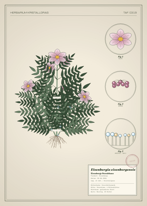 Botanische Tafel: Eisenbergia eisenbergensis, eine erfundene Pflanze aus Eisenberg, gezeichnet wie in einem alten Pflanzenatlas