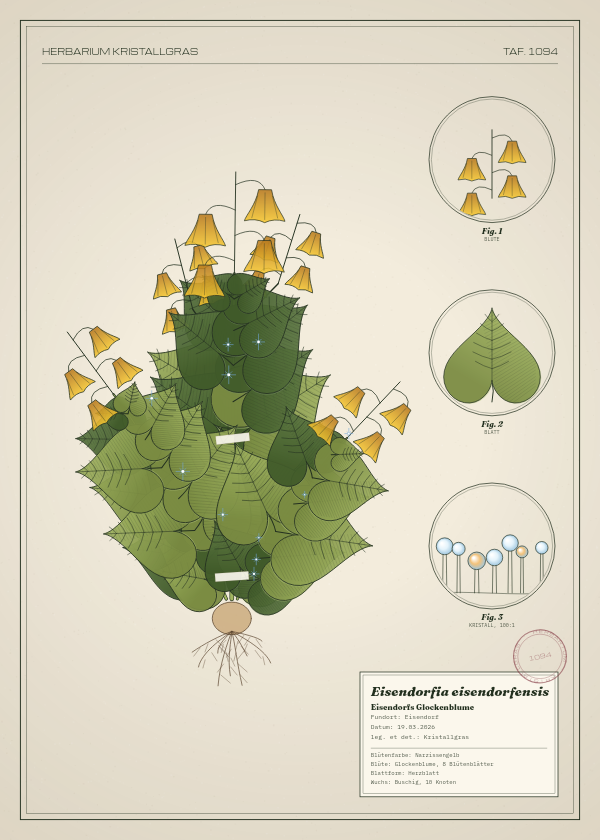 Botanische Tafel: Eisendorfia eisendorfensis, eine erfundene Pflanze aus Eisendorf, gezeichnet wie in einem alten Pflanzenatlas