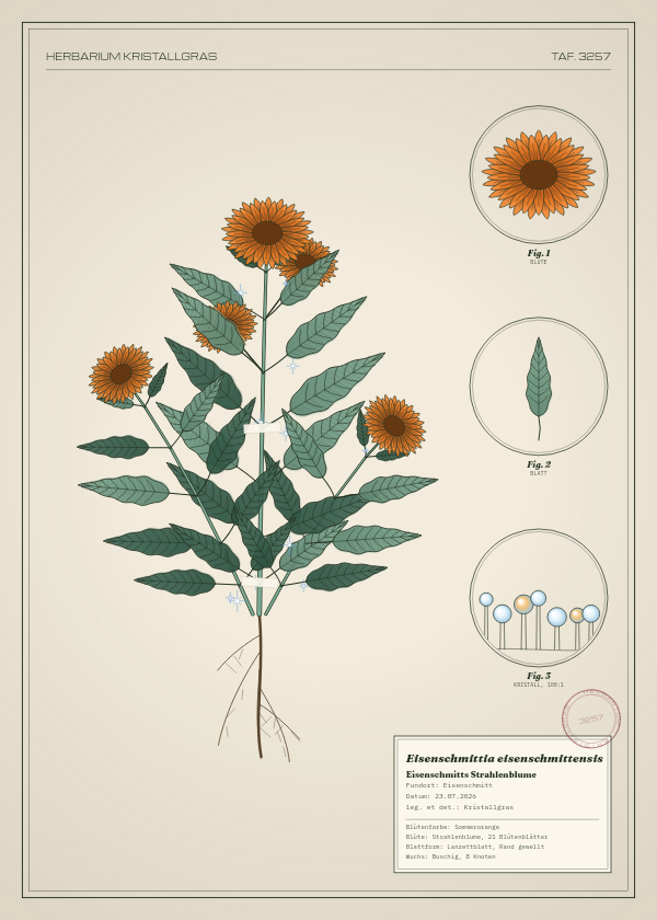 Botanische Tafel: Eisenschmittia eisenschmittensis, eine erfundene Pflanze aus Eisenschmitt, gezeichnet wie in einem alten Pflanzenatlas
