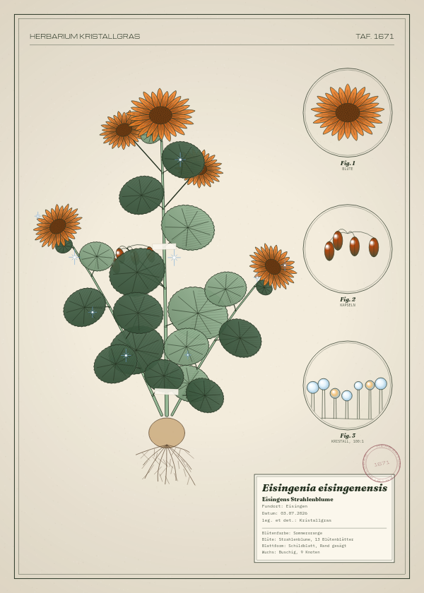 Botanische Tafel: Eisingenia eisingenensis, eine erfundene Pflanze aus Eisingen, gezeichnet wie in einem alten Pflanzenatlas