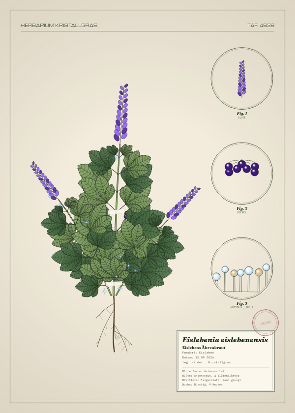 Botanische Tafel: Eislebenia eislebenensis, eine erfundene Pflanze aus Eisleben, gezeichnet wie in einem alten Pflanzenatlas