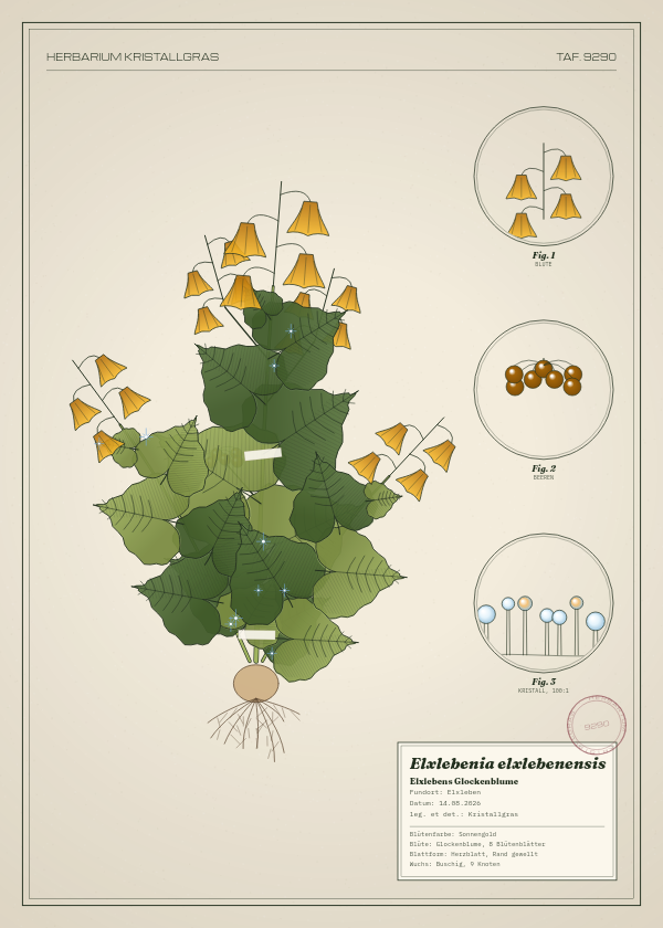 Botanische Tafel: Elxlebenia elxlebenensis, eine erfundene Pflanze aus Elxleben, gezeichnet wie in einem alten Pflanzenatlas