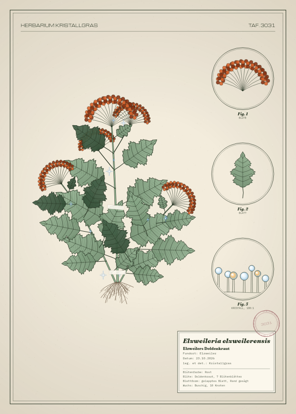 Botanische Tafel: Elzweileria elzweilerensis, eine erfundene Pflanze aus Elzweiler, gezeichnet wie in einem alten Pflanzenatlas