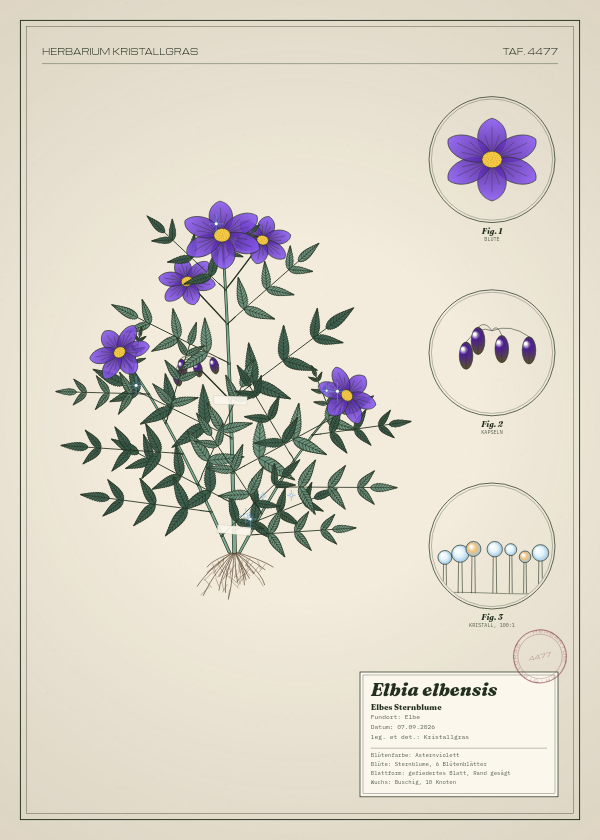 Botanische Tafel: Elbia elbensis, eine erfundene Pflanze aus Elbe, gezeichnet wie in einem alten Pflanzenatlas