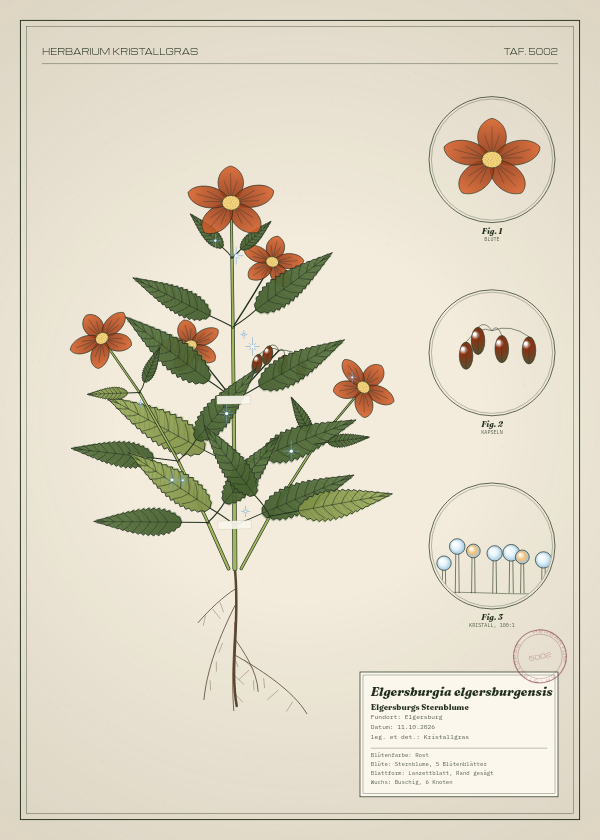 Botanische Tafel: Elgersburgia elgersburgensis, eine erfundene Pflanze aus Elgersburg, gezeichnet wie in einem alten Pflanzenatlas