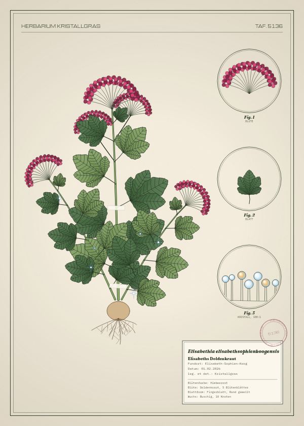 Botanische Tafel: Elisabethia elisabethsophienkoogensis, eine erfundene Pflanze aus Elisabeth-Sophien-Koog, gezeichnet wie in einem alten Pflanzenatlas
