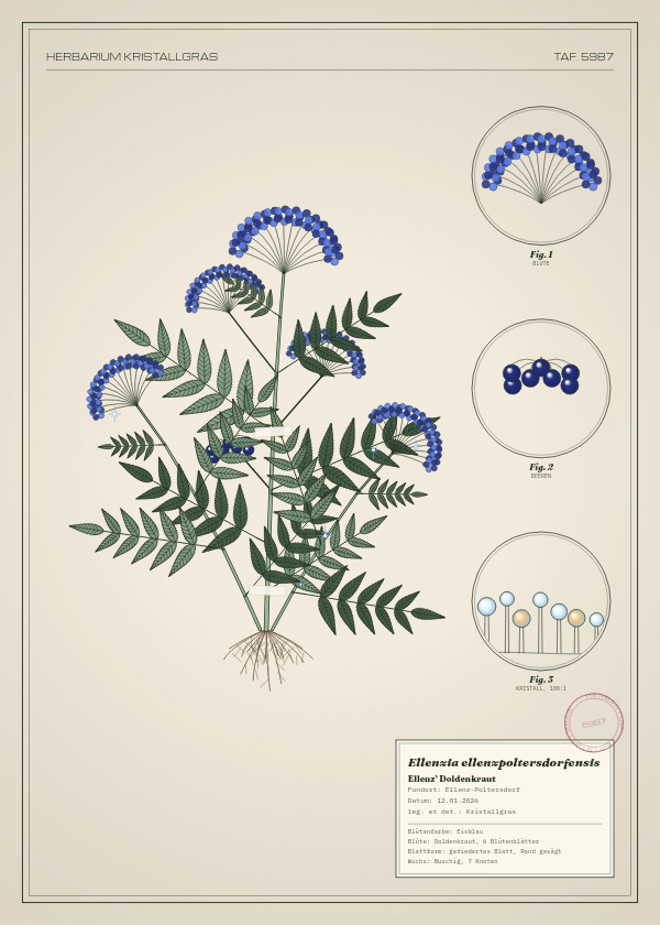 Botanische Tafel: Ellenzia ellenzpoltersdorfensis, eine erfundene Pflanze aus Ellenz-Poltersdorf, gezeichnet wie in einem alten Pflanzenatlas