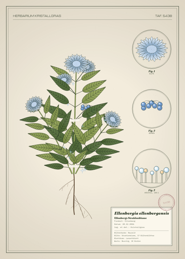 Botanische Tafel: Ellenbergia ellenbergensis, eine erfundene Pflanze aus Ellenberg, gezeichnet wie in einem alten Pflanzenatlas
