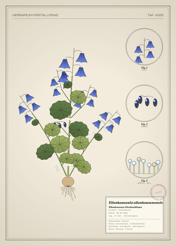 Botanische Tafel: Ellenhausenia ellenhausenensis, eine erfundene Pflanze aus Ellenhausen, gezeichnet wie in einem alten Pflanzenatlas