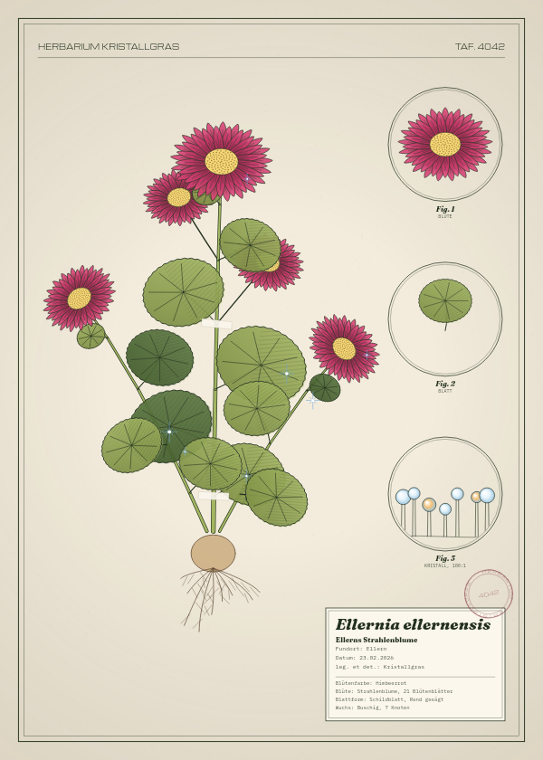 Botanische Tafel: Ellernia ellernensis, eine erfundene Pflanze aus Ellern, gezeichnet wie in einem alten Pflanzenatlas