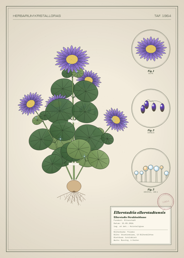 Botanische Tafel: Ellerstadtia ellerstadtensis, eine erfundene Pflanze aus Ellerstadt, gezeichnet wie in einem alten Pflanzenatlas