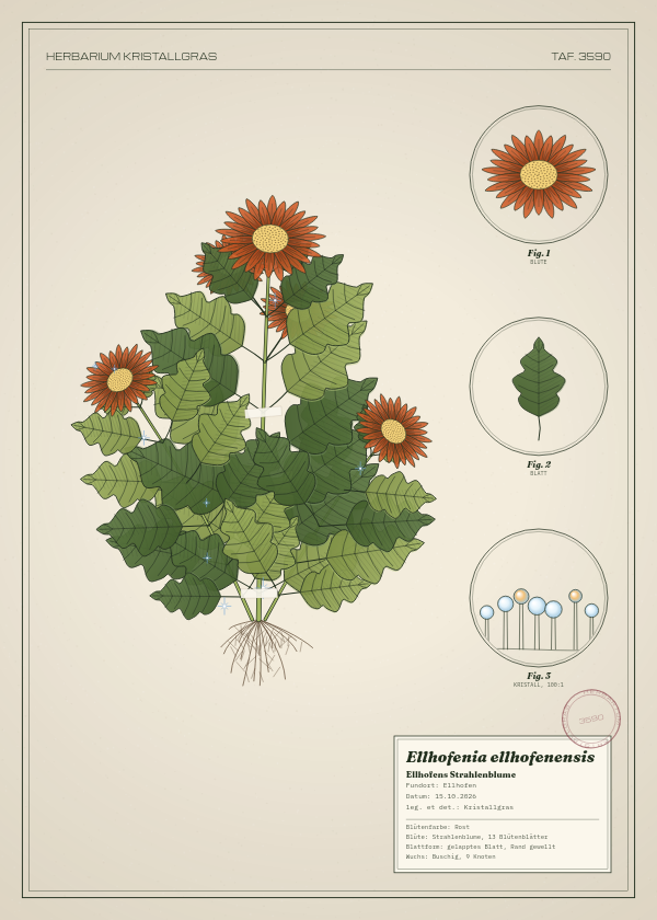 Botanische Tafel: Ellhofenia ellhofenensis, eine erfundene Pflanze aus Ellhofen, gezeichnet wie in einem alten Pflanzenatlas
