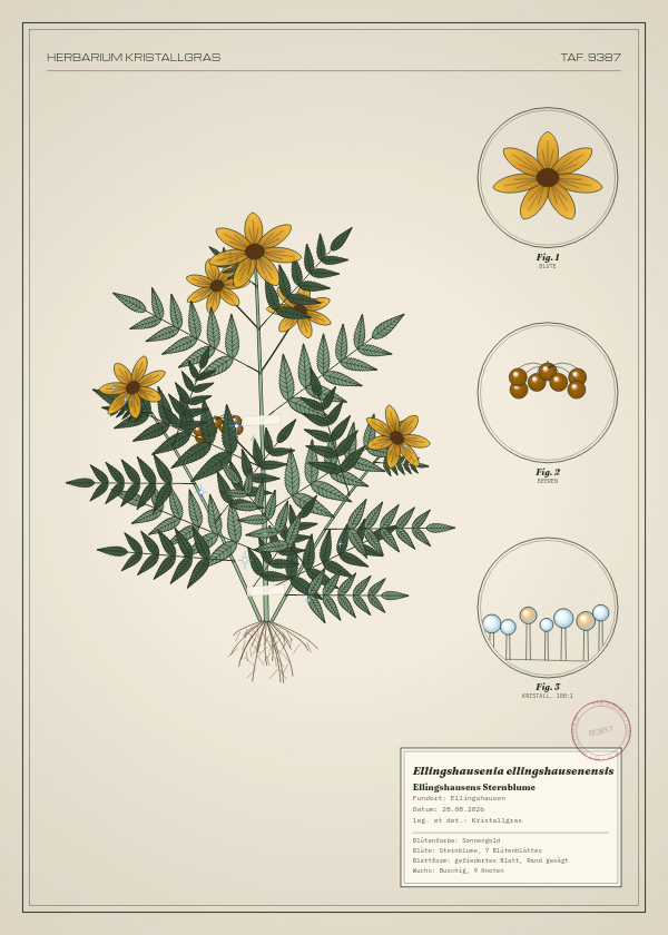 Botanische Tafel: Ellingshausenia ellingshausenensis, eine erfundene Pflanze aus Ellingshausen, gezeichnet wie in einem alten Pflanzenatlas