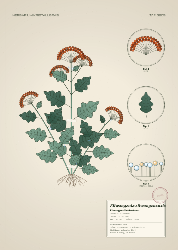 Botanische Tafel: Ellwangenia ellwangenensis, eine erfundene Pflanze aus Ellwangen, gezeichnet wie in einem alten Pflanzenatlas