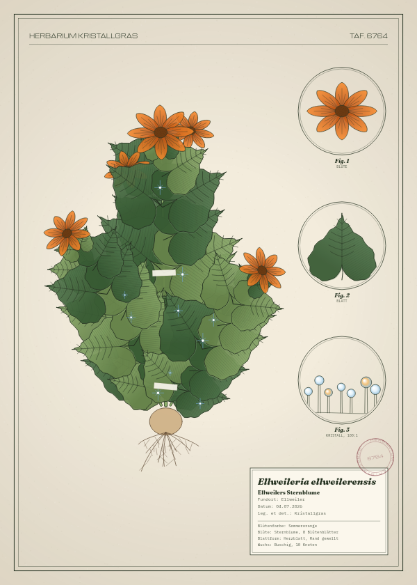 Botanische Tafel: Ellweileria ellweilerensis, eine erfundene Pflanze aus Ellweiler, gezeichnet wie in einem alten Pflanzenatlas
