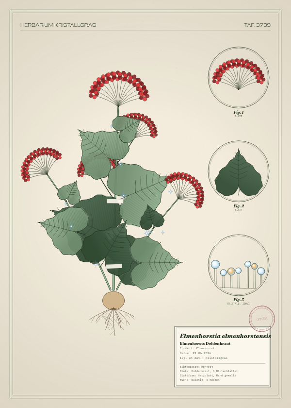 Botanische Tafel: Elmenhorstia elmenhorstensis, eine erfundene Pflanze aus Elmenhorst, gezeichnet wie in einem alten Pflanzenatlas