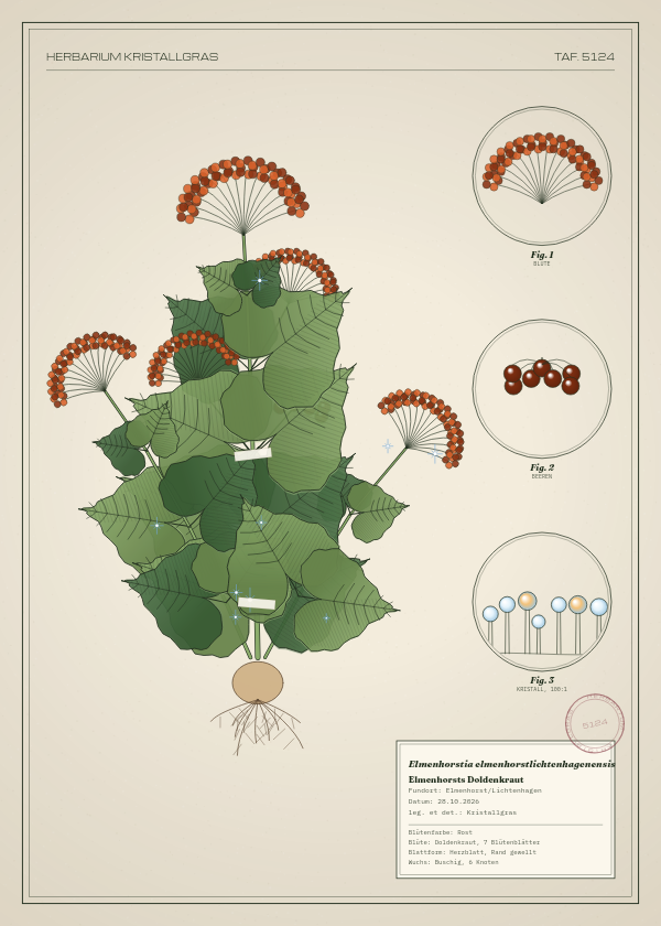 Botanische Tafel: Elmenhorstia elmenhorstlichtenhagenensis, eine erfundene Pflanze aus Elmenhorst/Lichtenhagen, gezeichnet wie in einem alten Pflanzenatlas
