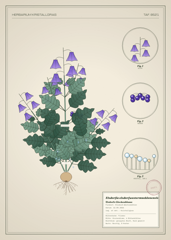 Botanische Tafel: Elsdorfia elsdorfwestermuehlenensis, eine erfundene Pflanze aus Elsdorf-Westermühlen, gezeichnet wie in einem alten Pflanzenatlas