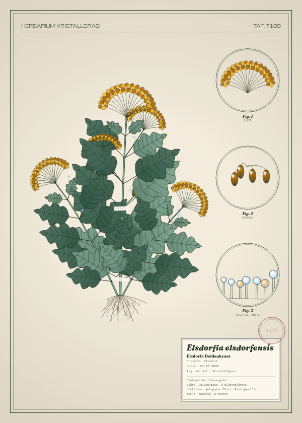 Botanische Tafel: Elsdorfia elsdorfensis, eine erfundene Pflanze aus Elsdorf, gezeichnet wie in einem alten Pflanzenatlas