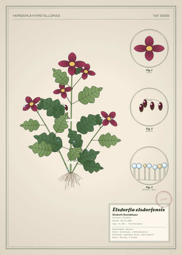 Botanische Tafel: Elsdorfia elsdorfensis, eine erfundene Pflanze aus Elsdorf, gezeichnet wie in einem alten Pflanzenatlas