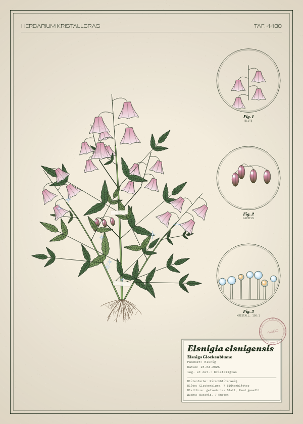 Botanische Tafel: Elsnigia elsnigensis, eine erfundene Pflanze aus Elsnig, gezeichnet wie in einem alten Pflanzenatlas