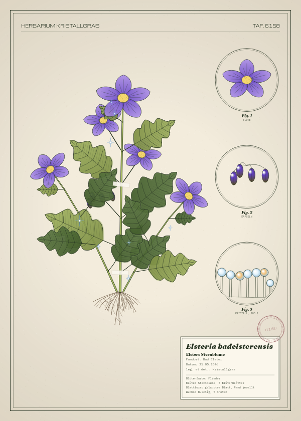 Botanische Tafel: Elsteria badelsterensis, eine erfundene Pflanze aus Bad Elster, gezeichnet wie in einem alten Pflanzenatlas
