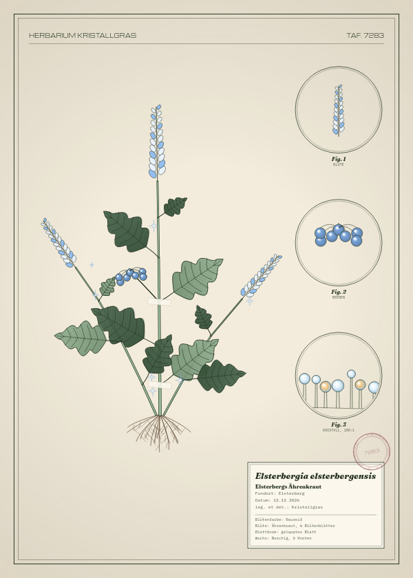 Botanische Tafel: Elsterbergia elsterbergensis, eine erfundene Pflanze aus Elsterberg, gezeichnet wie in einem alten Pflanzenatlas