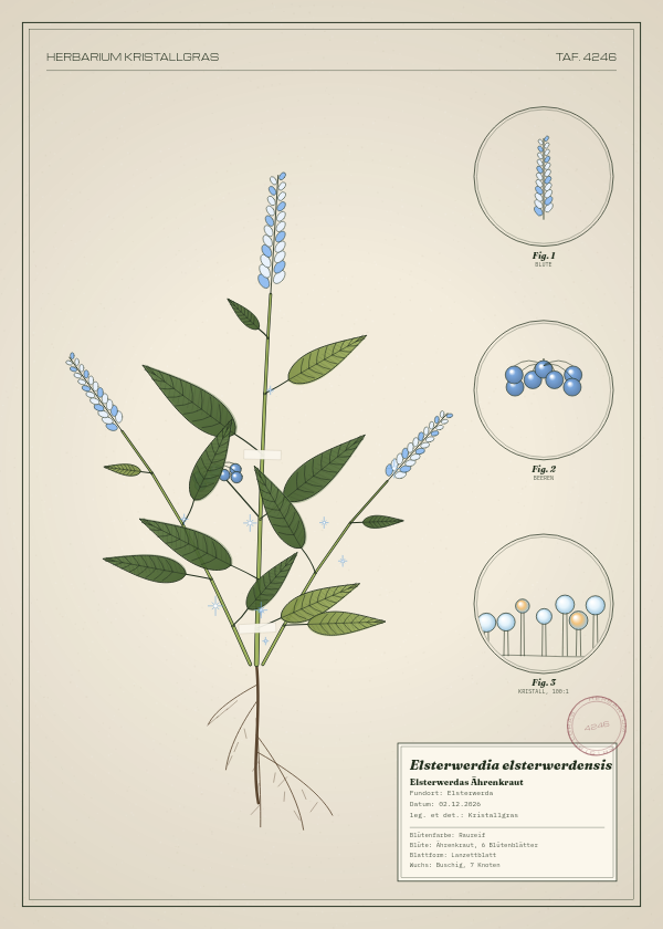 Botanische Tafel: Elsterwerdia elsterwerdensis, eine erfundene Pflanze aus Elsterwerda, gezeichnet wie in einem alten Pflanzenatlas