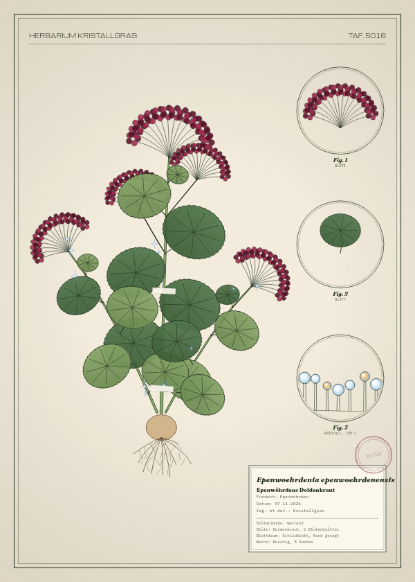 Botanische Tafel: Epenwoehrdenia epenwoehrdenensis, eine erfundene Pflanze aus Epenwöhrden, gezeichnet wie in einem alten Pflanzenatlas