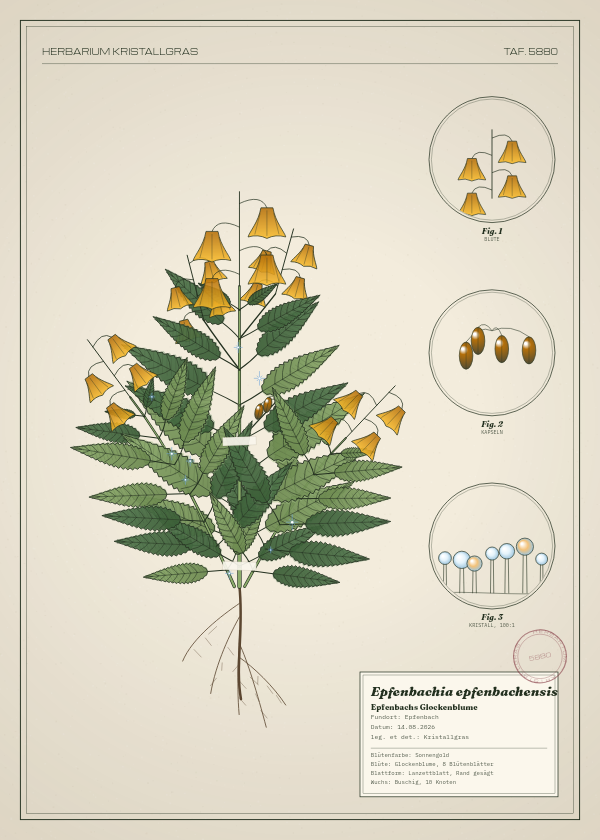 Botanische Tafel: Epfenbachia epfenbachensis, eine erfundene Pflanze aus Epfenbach, gezeichnet wie in einem alten Pflanzenatlas