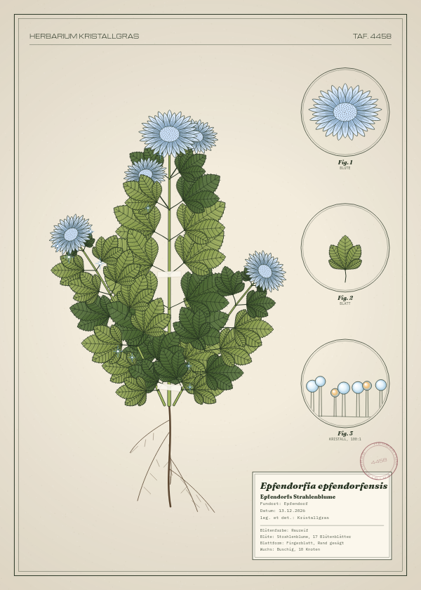 Botanische Tafel: Epfendorfia epfendorfensis, eine erfundene Pflanze aus Epfendorf, gezeichnet wie in einem alten Pflanzenatlas