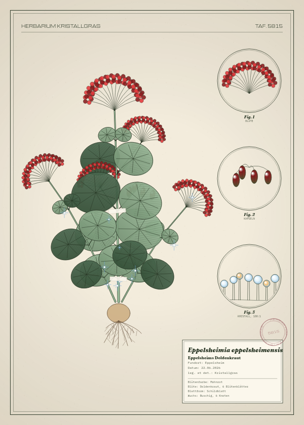 Botanische Tafel: Eppelsheimia eppelsheimensis, eine erfundene Pflanze aus Eppelsheim, gezeichnet wie in einem alten Pflanzenatlas