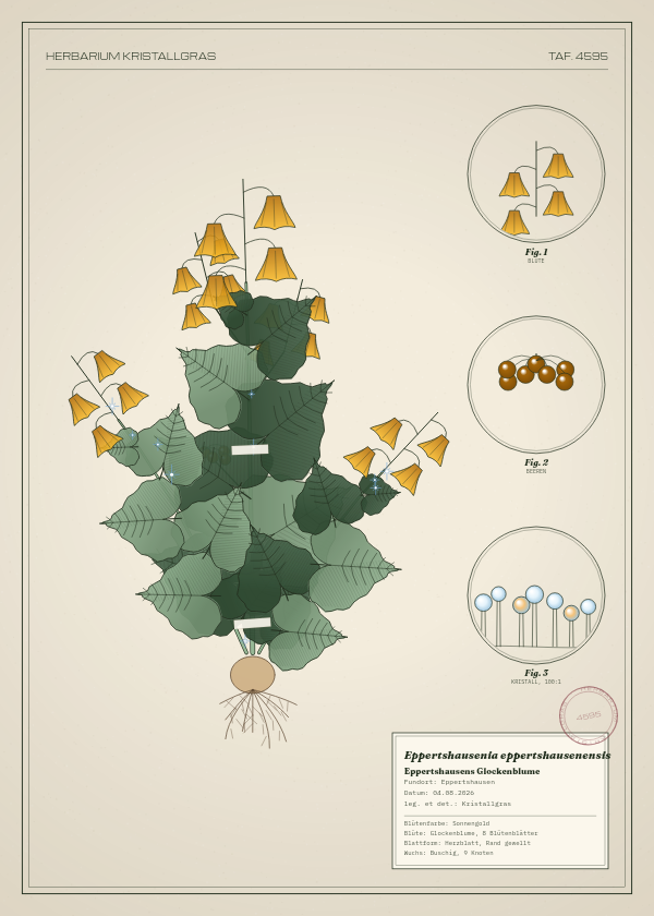 Botanische Tafel: Eppertshausenia eppertshausenensis, eine erfundene Pflanze aus Eppertshausen, gezeichnet wie in einem alten Pflanzenatlas