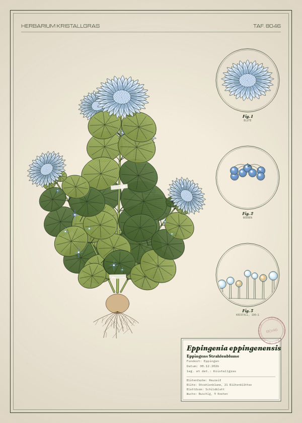 Botanische Tafel: Eppingenia eppingenensis, eine erfundene Pflanze aus Eppingen, gezeichnet wie in einem alten Pflanzenatlas