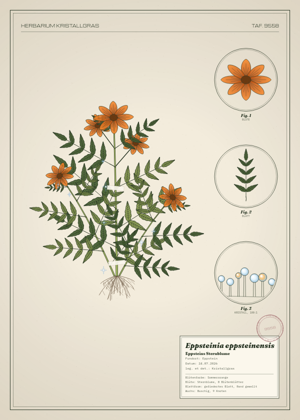 Botanische Tafel: Eppsteinia eppsteinensis, eine erfundene Pflanze aus Eppstein, gezeichnet wie in einem alten Pflanzenatlas