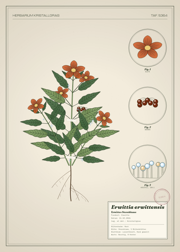 Botanische Tafel: Erwittia erwittensis, eine erfundene Pflanze aus Erwitte, gezeichnet wie in einem alten Pflanzenatlas