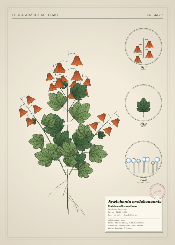 Botanische Tafel: Erxlebenia erxlebenensis, eine erfundene Pflanze aus Erxleben, gezeichnet wie in einem alten Pflanzenatlas