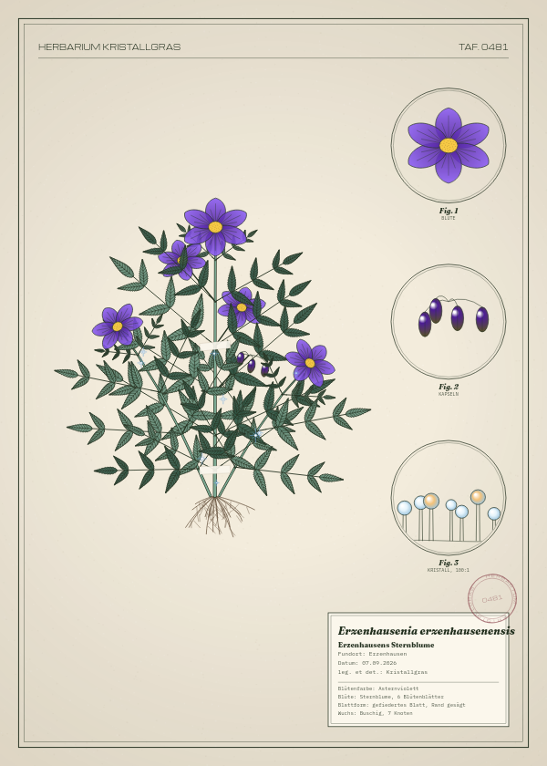 Botanische Tafel: Erzenhausenia erzenhausenensis, eine erfundene Pflanze aus Erzenhausen, gezeichnet wie in einem alten Pflanzenatlas