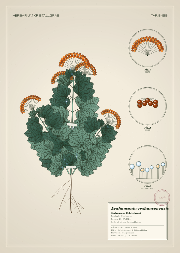 Botanische Tafel: Erzhausenia erzhausenensis, eine erfundene Pflanze aus Erzhausen, gezeichnet wie in einem alten Pflanzenatlas