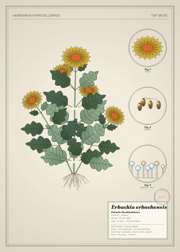 Botanische Tafel: Erbachia erbachensis, eine erfundene Pflanze aus Erbach, gezeichnet wie in einem alten Pflanzenatlas